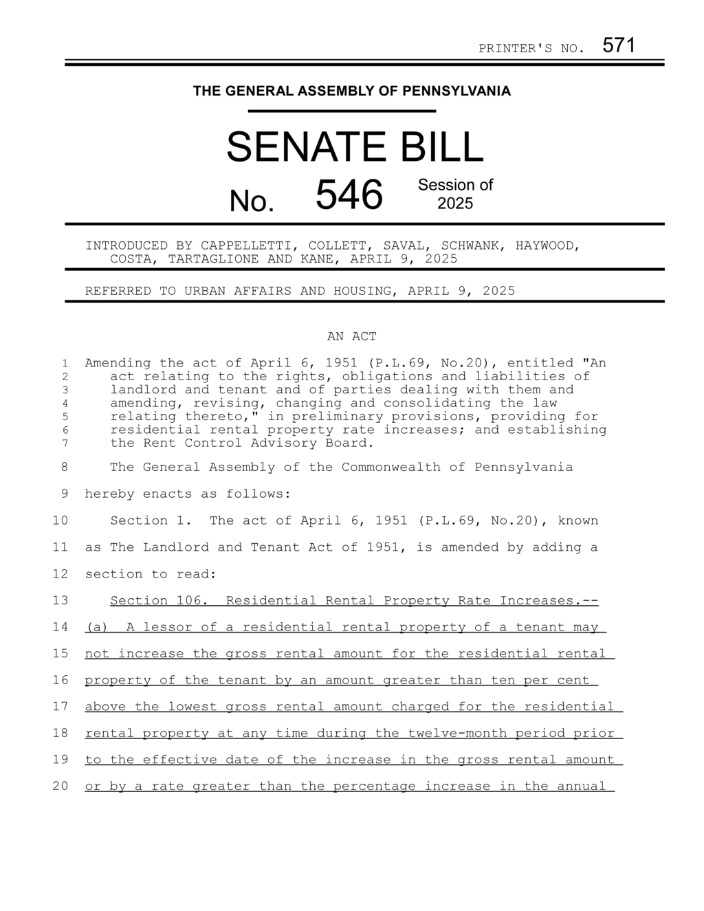 Pennsylvania Senate introduces bill for residential rent control and advisory board