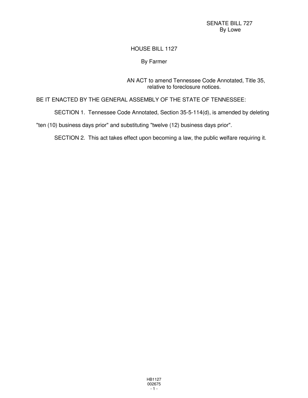 Tennessee General Assembly amends foreclosure notice timeline in HB1127