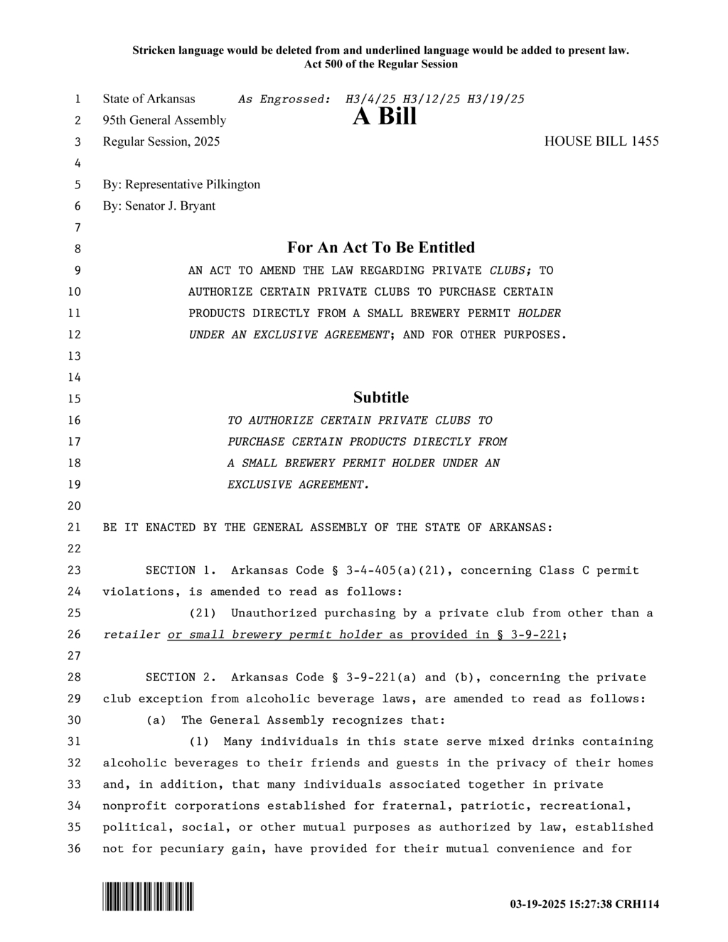 Arkansas legislature approves House Bill 1455 to benefit private clubs and breweries