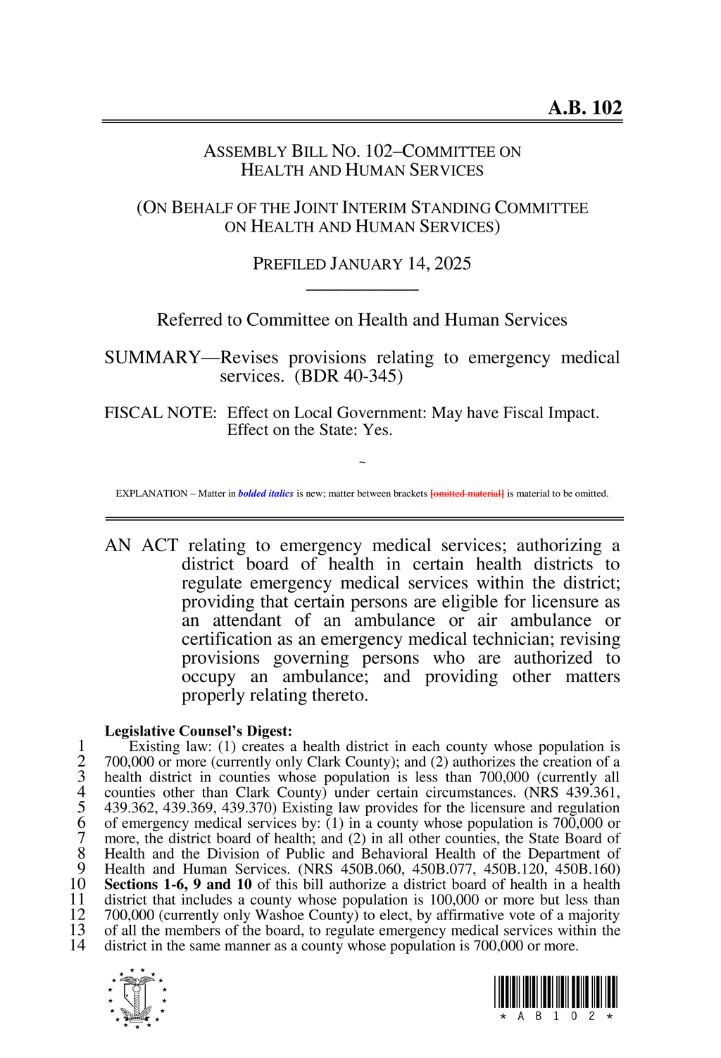 Nevada Health Authority updates emergency medical technician certification requirements