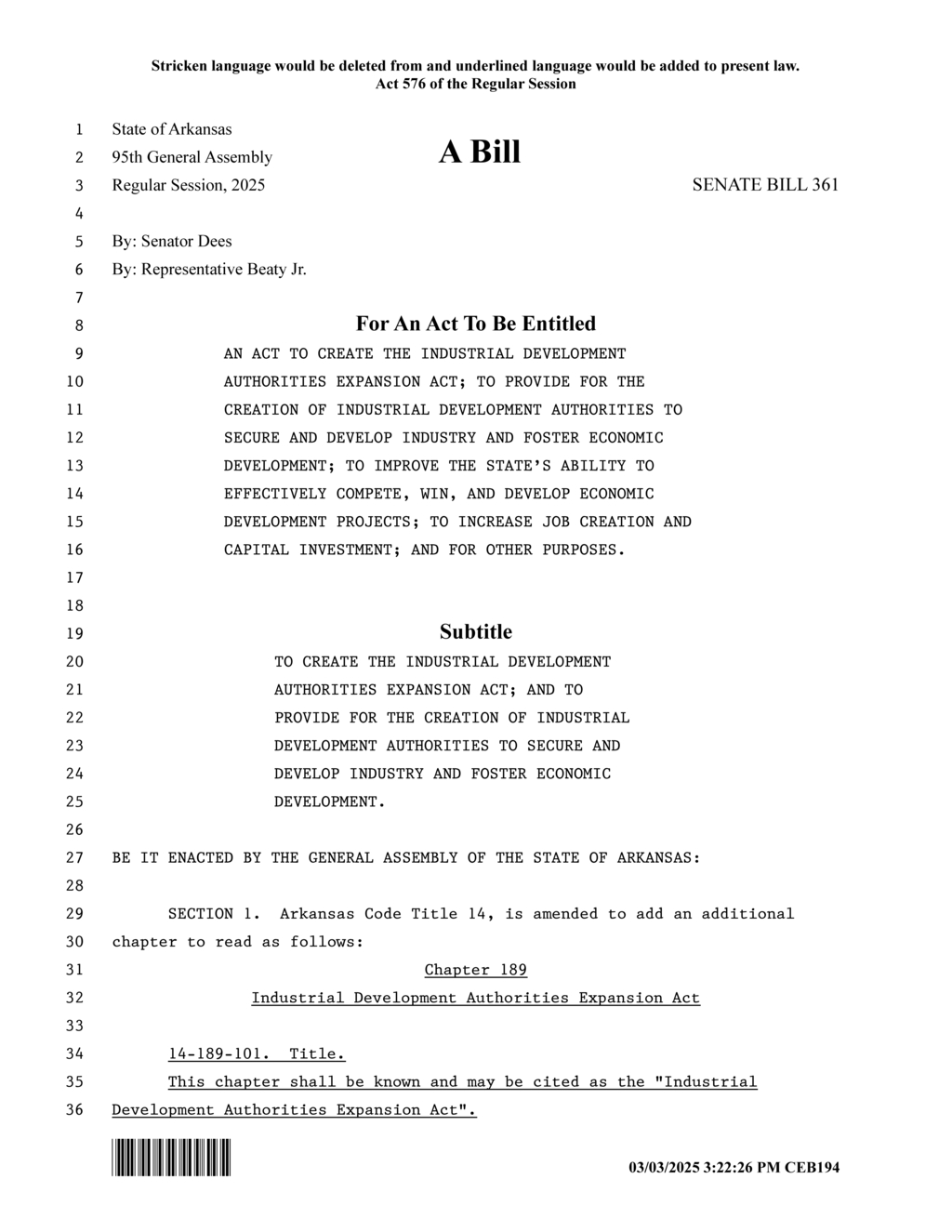Arkansas General Assembly approves Industrial Development Authorities Expansion Act