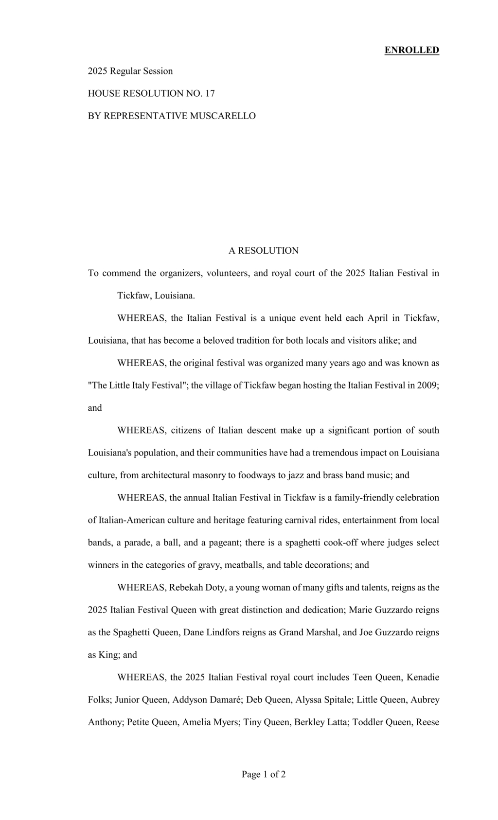Louisiana House commends 2025 Italian Festival organizers and volunteers in Tickfaw