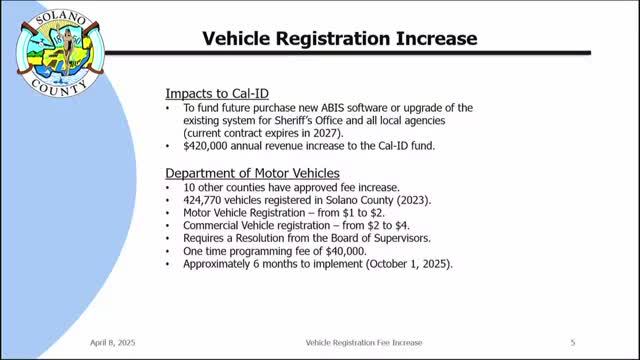 Solano County Board proposes vehicle registration fee increase to fund fingerprint program