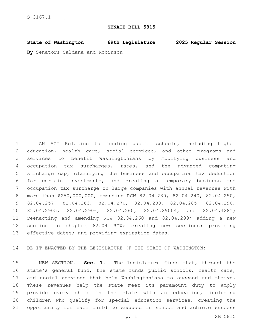 Washington State proposes tax classifications for large corporations and financial institutions