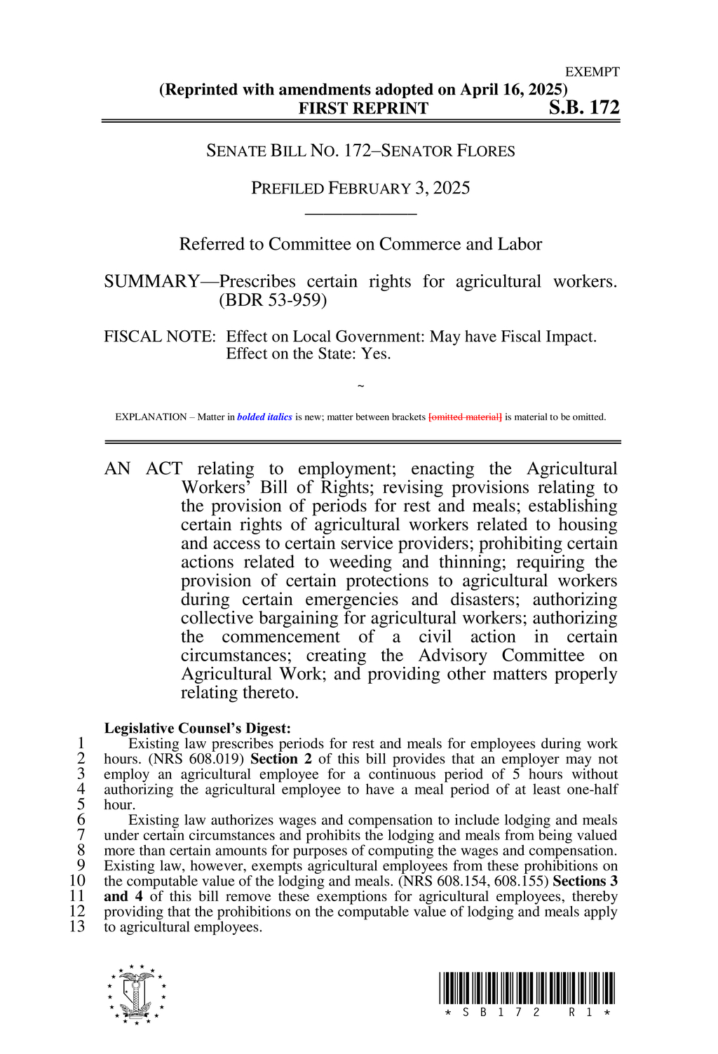 Nevada amends labor laws on employee rest periods and lodging compensation