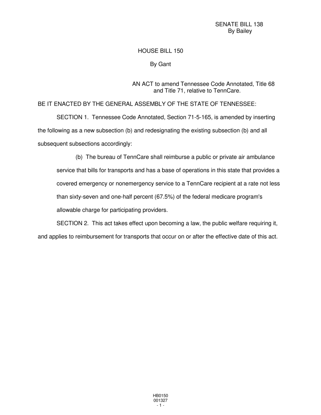 Tennessee General Assembly approves air ambulance reimbursement adjustment for TennCare