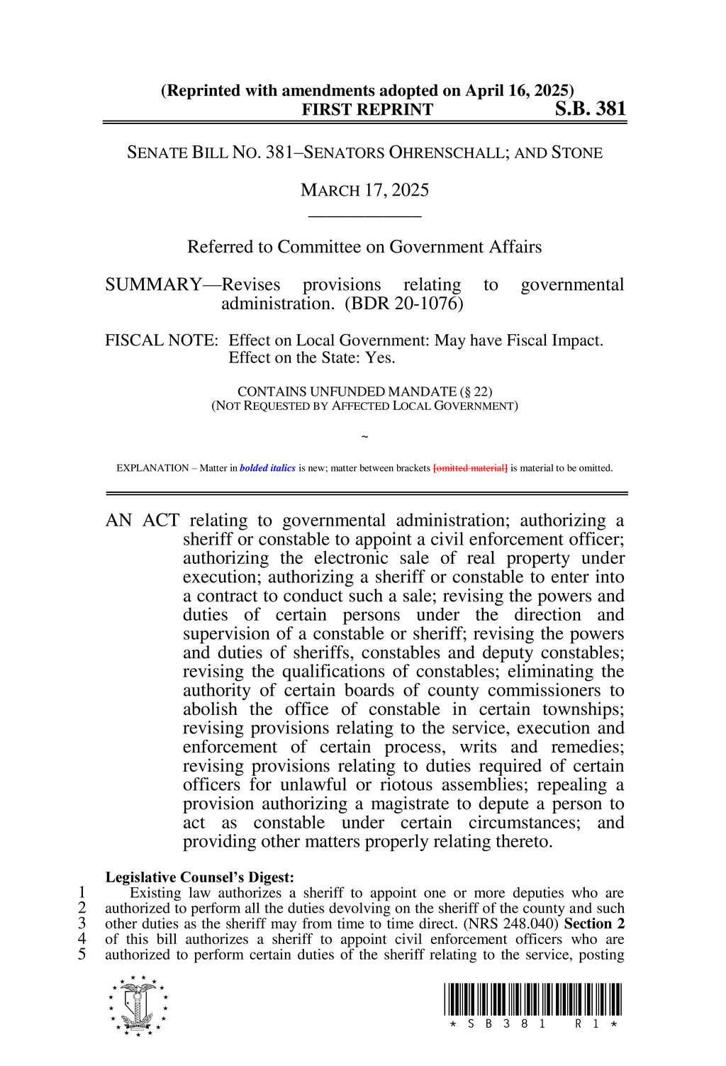 Nevada legislature amends constable duties and training requirements for firearm use