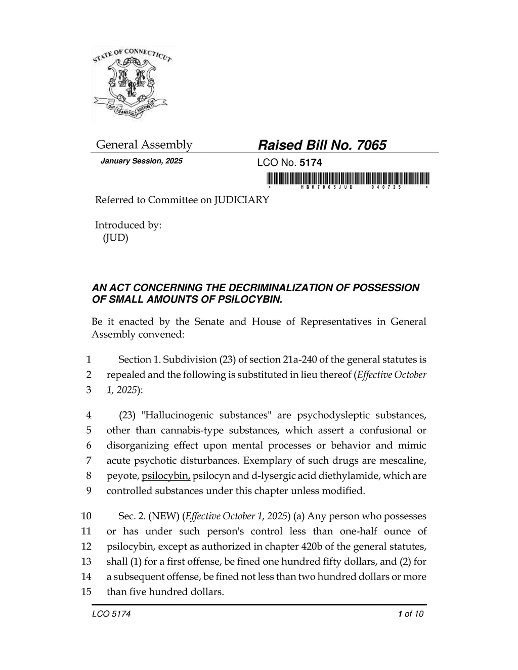Connecticut legislature revises psilocybin possession and drug paraphernalia laws
