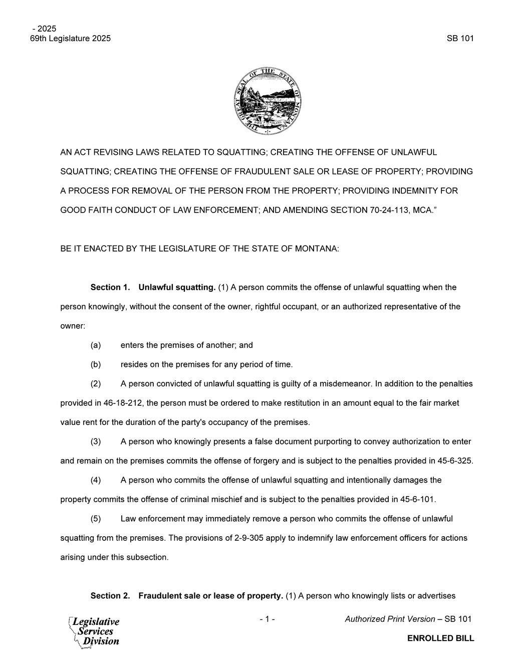 Montana lawmakers introduce Senate Bill 101 to combat unlawful squatting practices