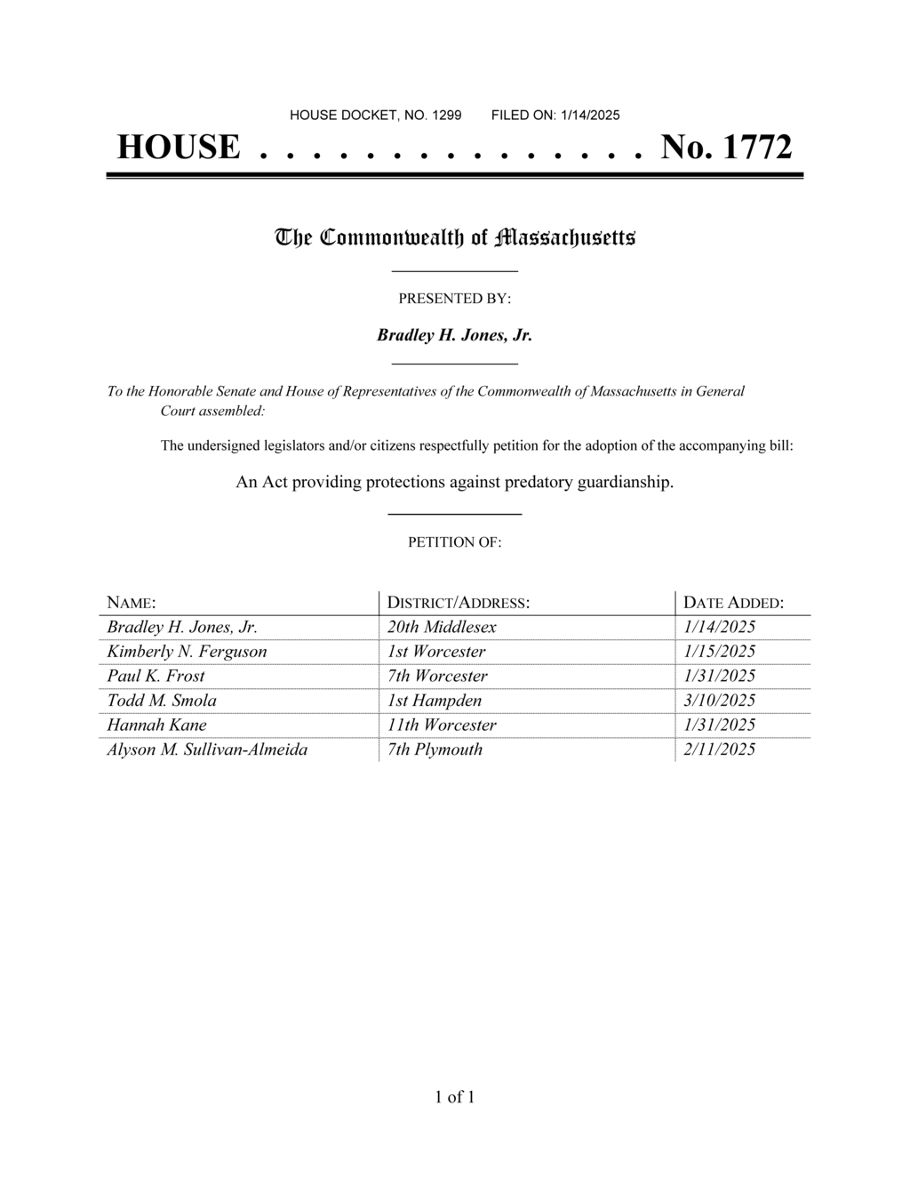 Massachusetts legislators propose bill to combat predatory guardianship practices