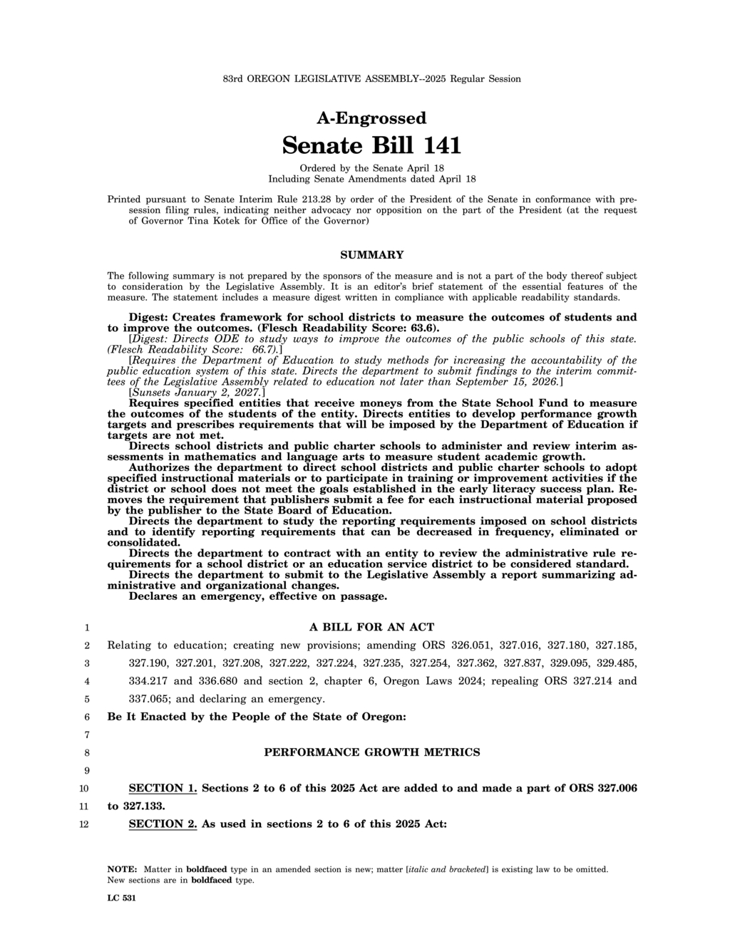 Oregon Senate approves Bill 141 to enhance school performance measurement and accountability