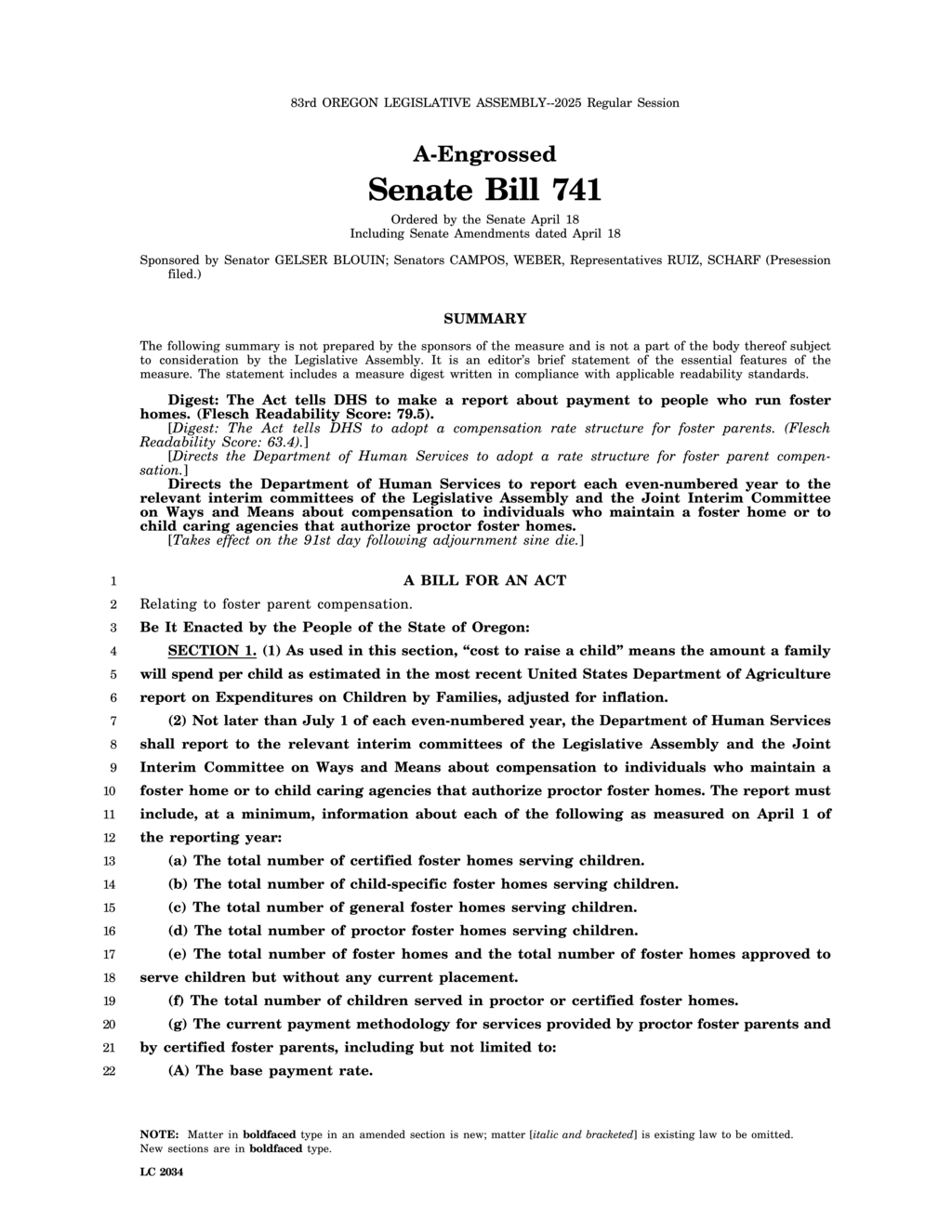 Oregon Senate bill mandates biennial report on foster parent compensation