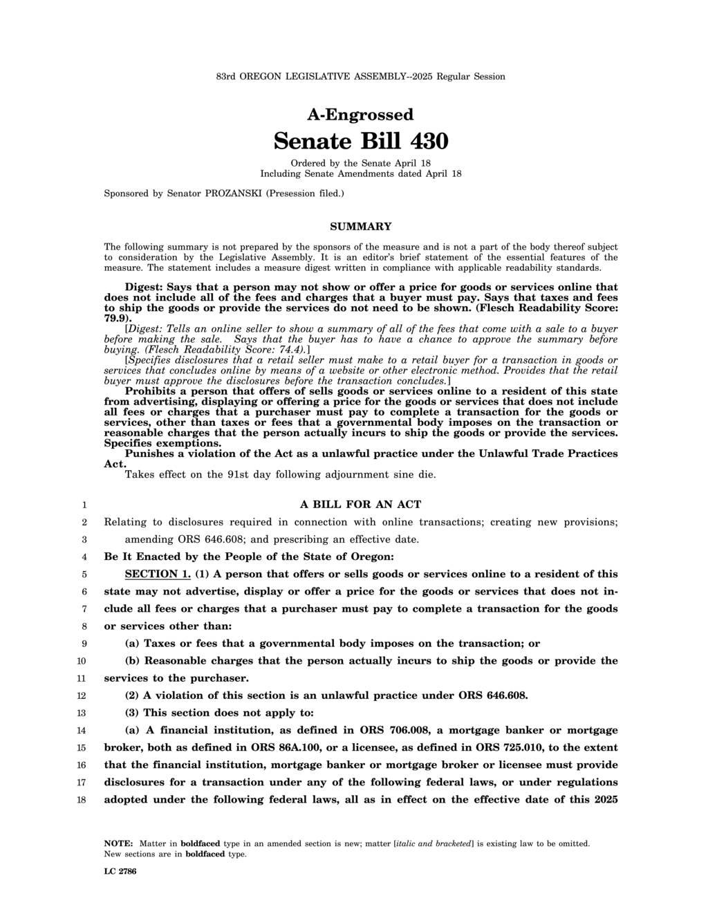Oregon Legislature passes 2025 Act regulating unfair trade practices