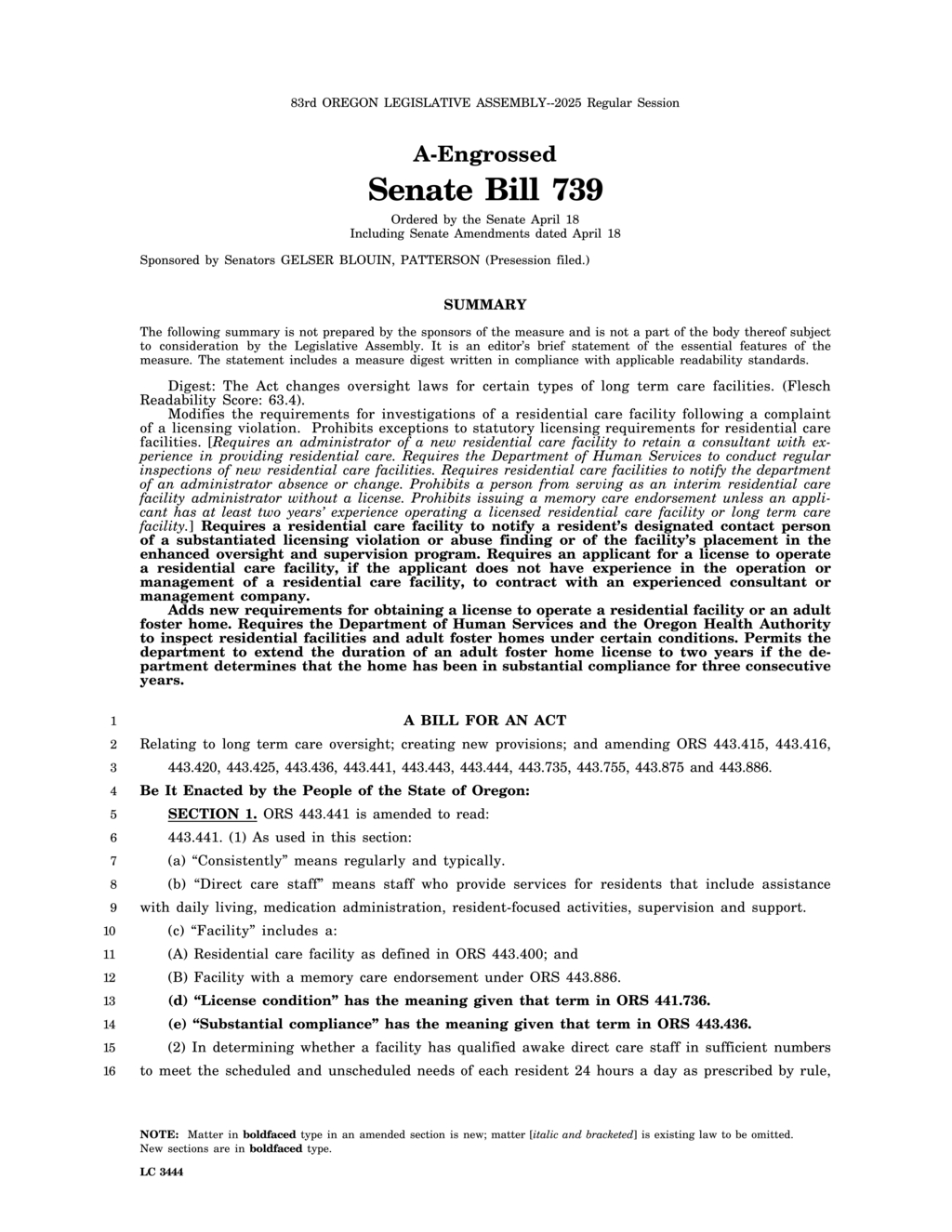 Oregon enacts SB 739 adjusting residential care and memory care licensing requirements