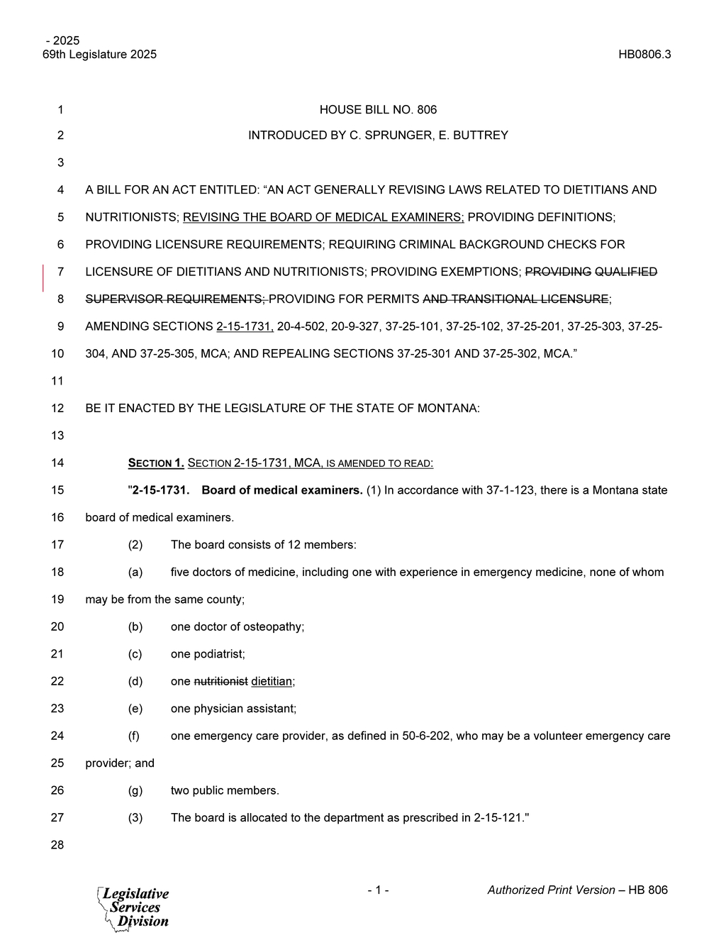 Montana Legislature approves HB 806 on nutritionist licensure and background checks
