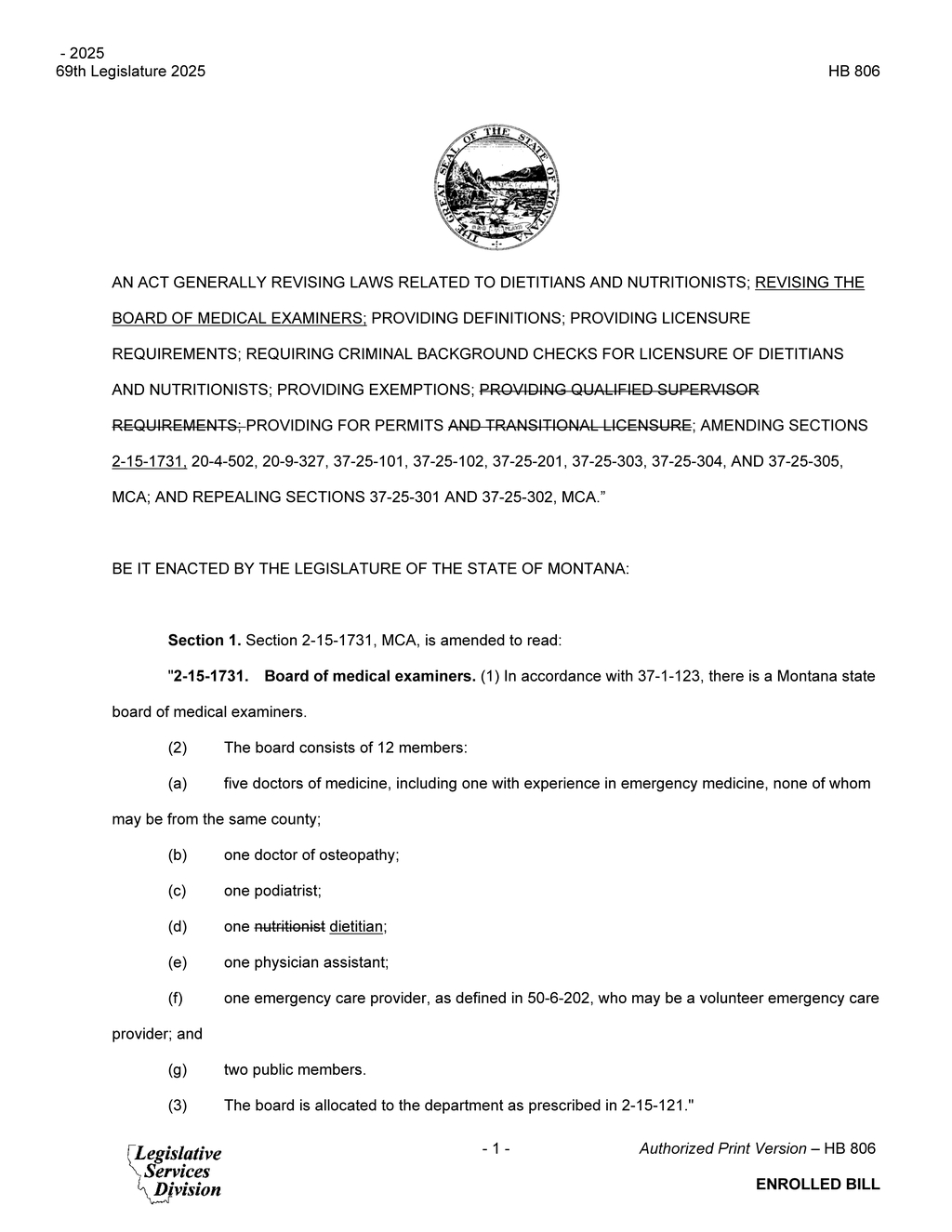 Montana Legislature approves HB 806 for dietitian and nutritionist licensure changes