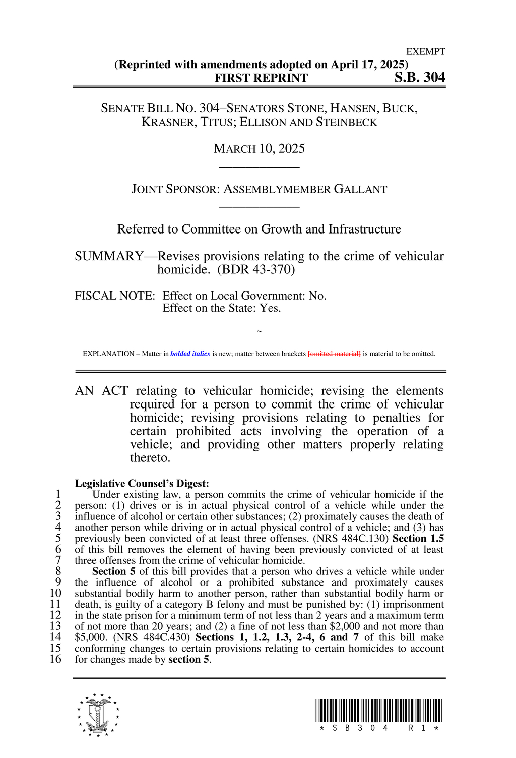 Legislation amends intoxication defense and sentencing guidelines for DUI cases