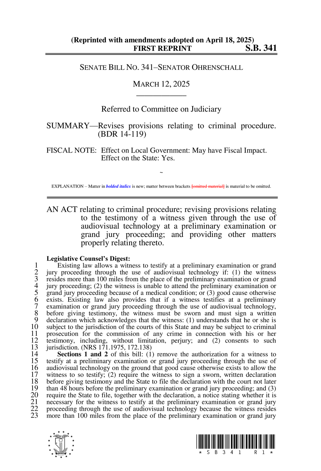 Nevada amends grand jury procedures allowing audiovisual testimony for distant witnesses