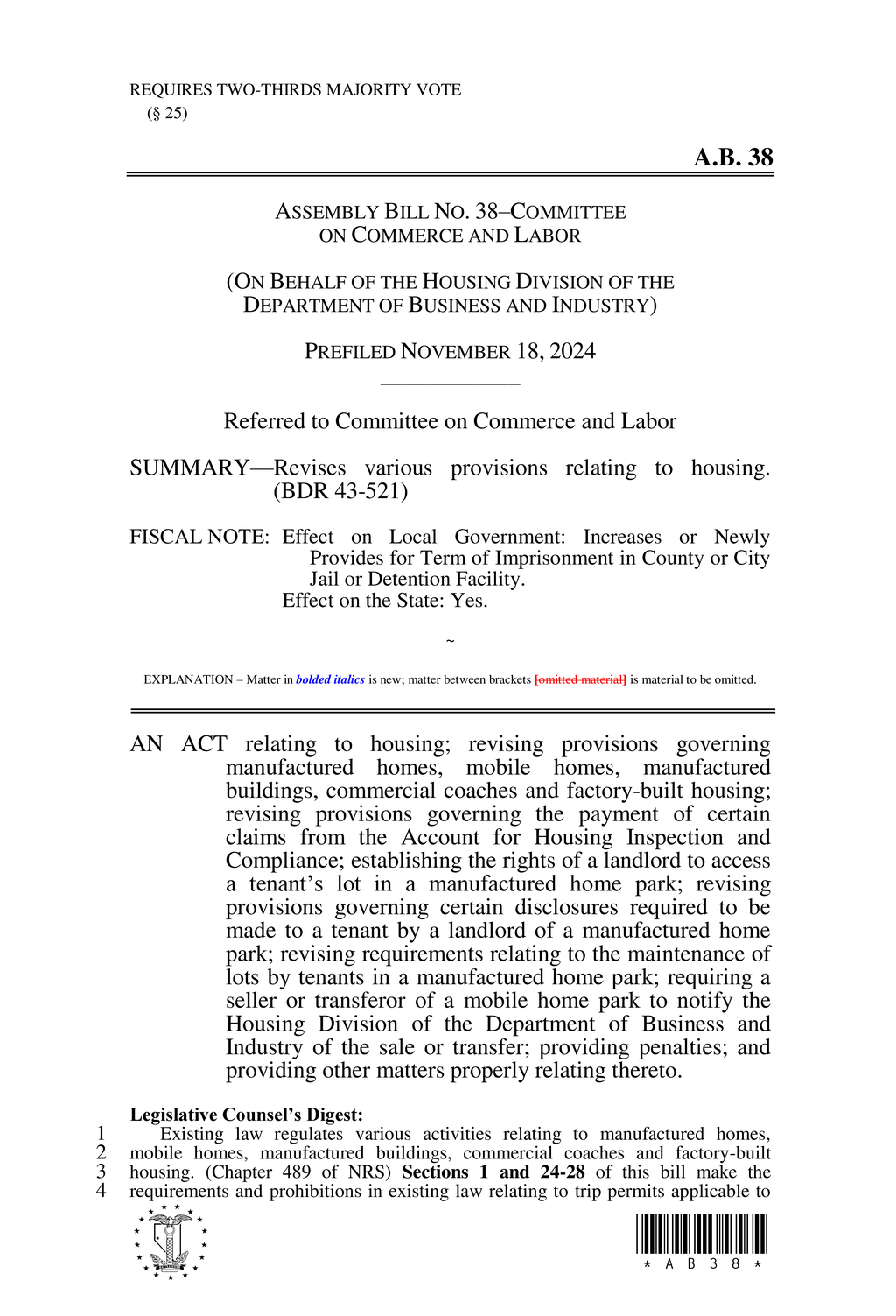 Nevada amends landlord-tenant regulations for mobile home parks