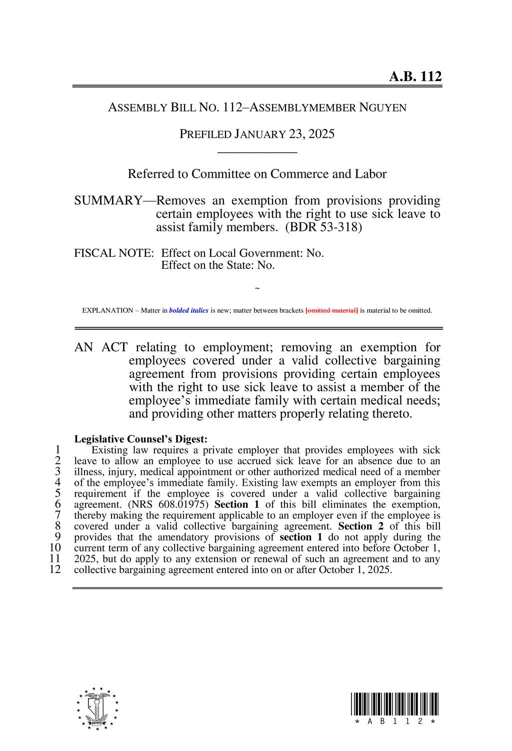 Nevada amends sick leave law for family medical needs