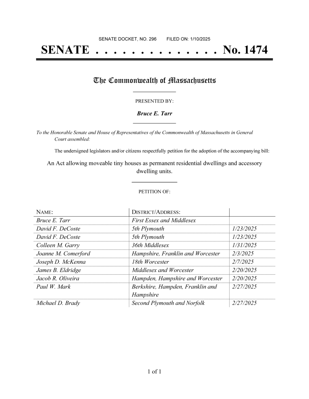 Massachusetts Senate proposes law for permanent moveable tiny houses