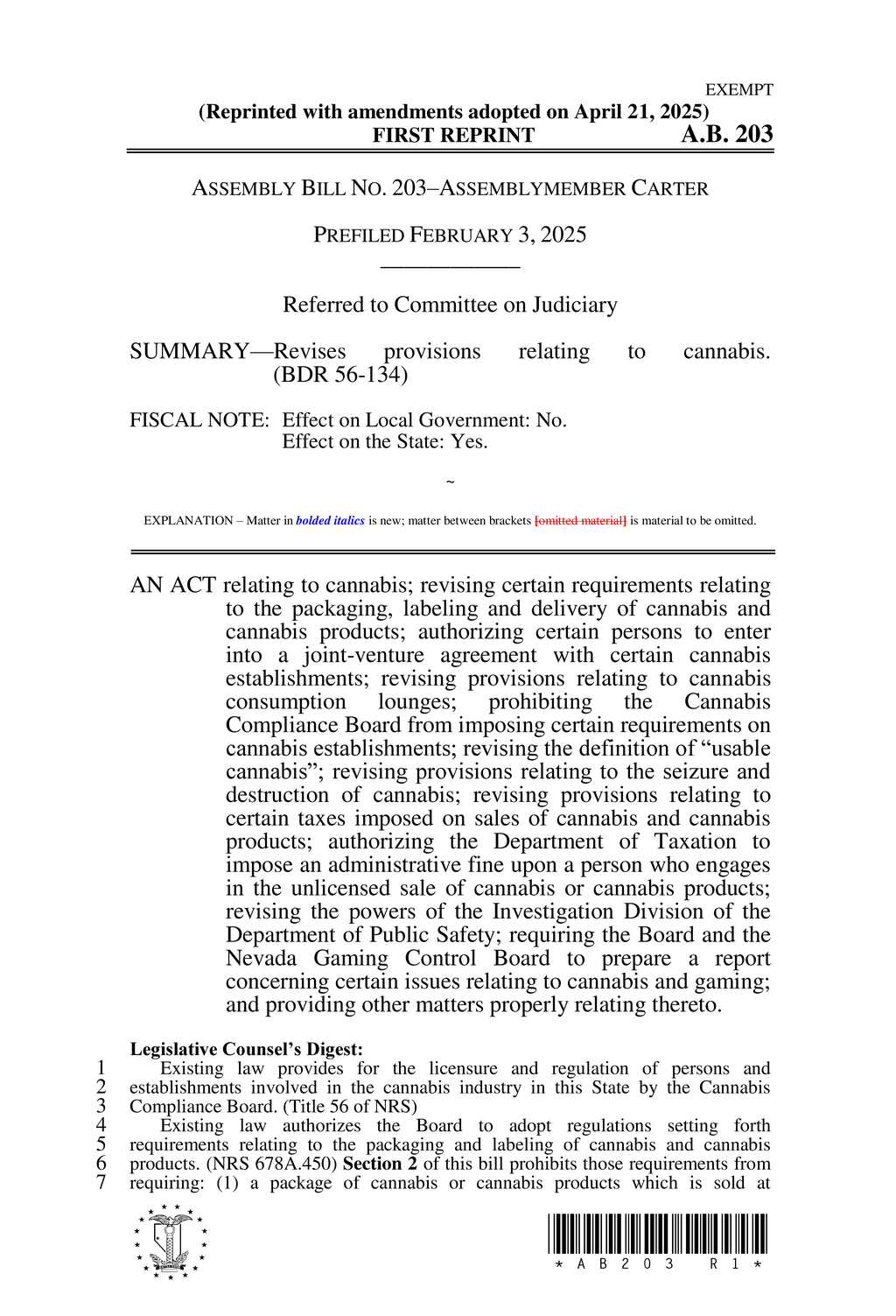 Nevada Legislature enacts new cannabis delivery regulations and tax provisions