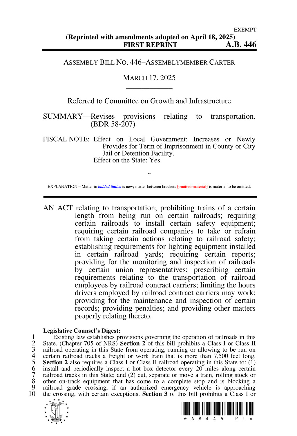Nevada bill enhances railroad safety standards and employee monitoring regulations