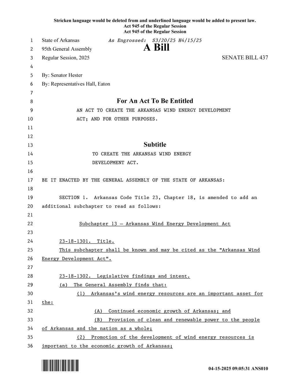 Arkansas General Assembly establishes wind energy facility standards and regulations