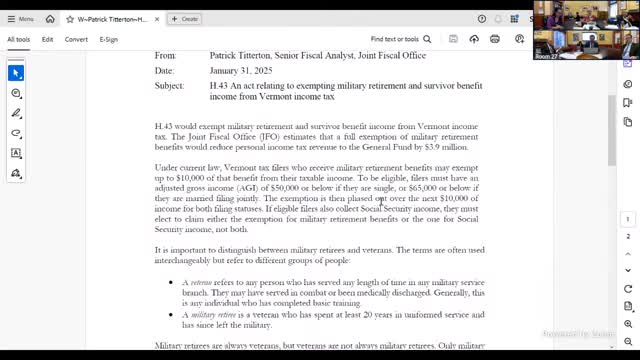 Vermont examines military retirement benefits amid stable veteran population growth