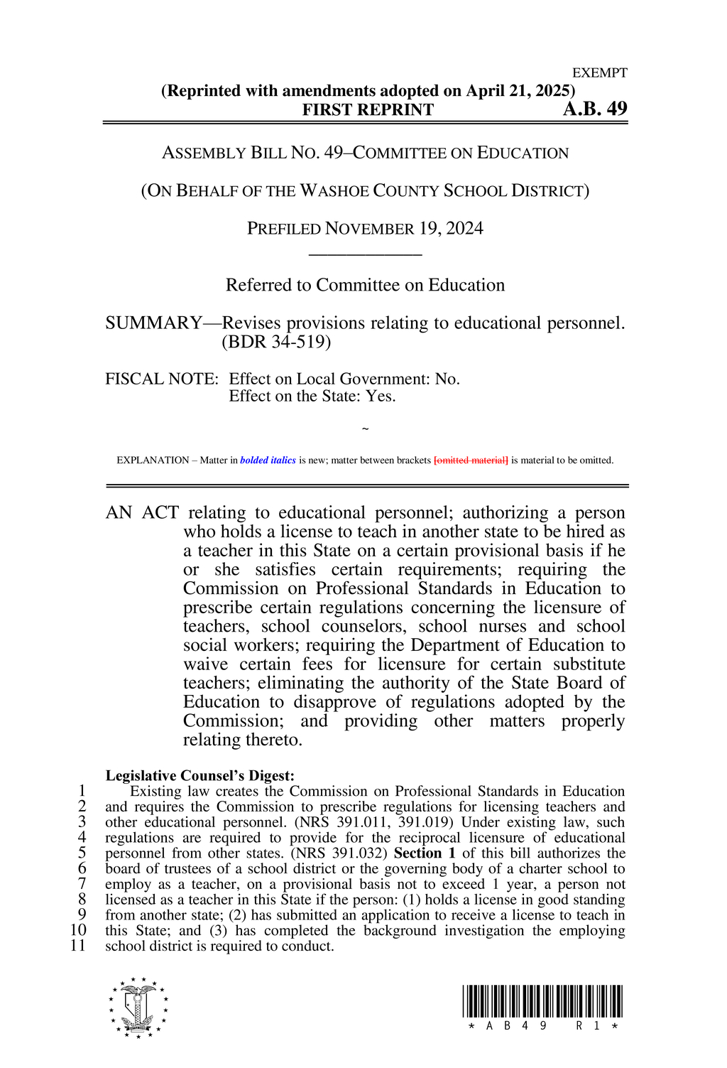 Nevada law changes teacher licensing regulations and eases school staffing requirements