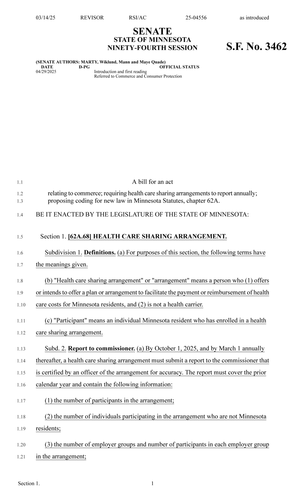Minnesota Legislature requires health care sharing arrangements to report annually