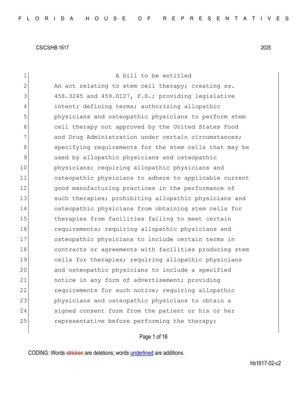 Florida House introduces stem cell therapy regulations for physicians