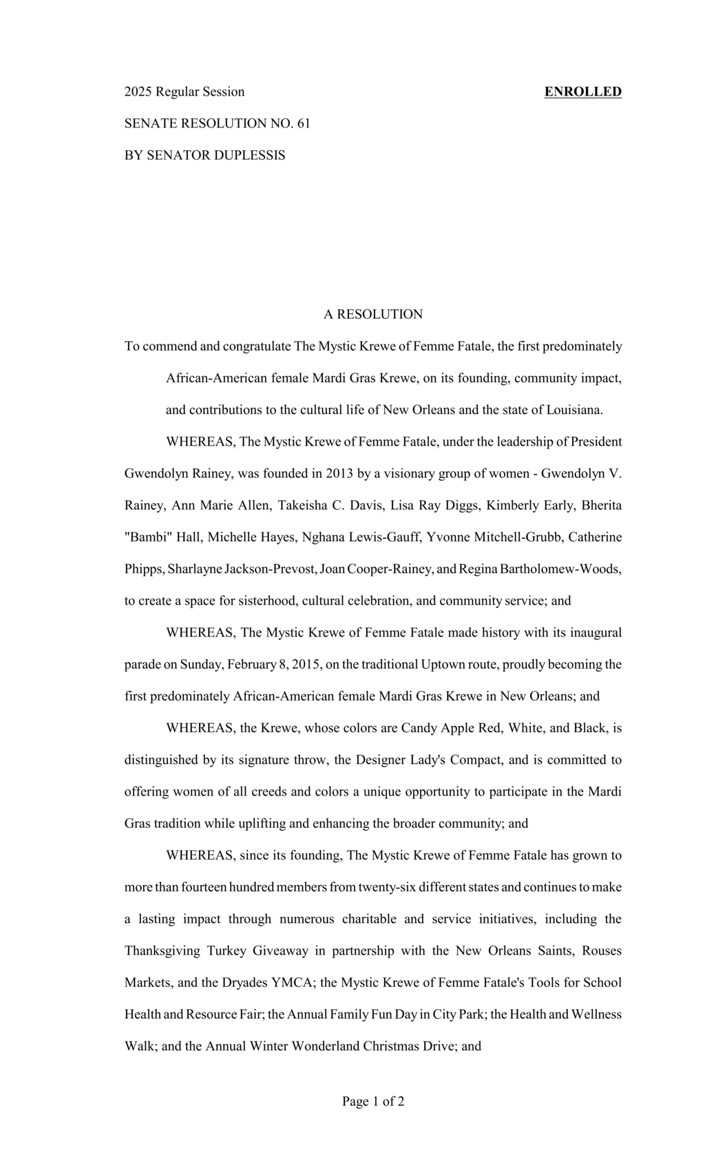 Louisiana Senate designates April 29 2025 as Mystic Krewe of Femme Fatale Day