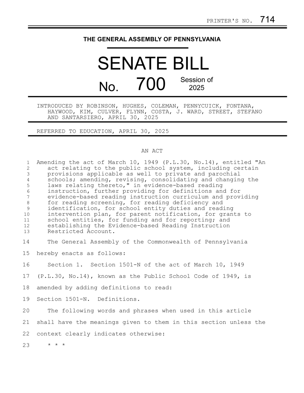 Pennsylvania Senate introduces Bill 700 for evidence-based reading instruction reforms