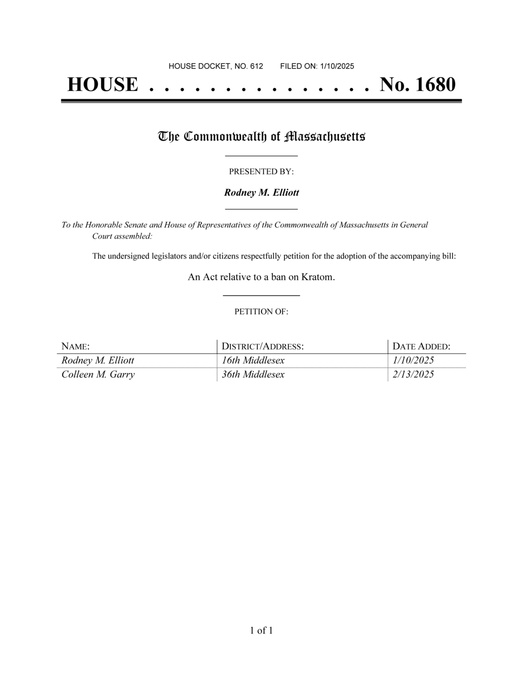 Elliott and Garry propose bill to ban Kratom in Massachusetts