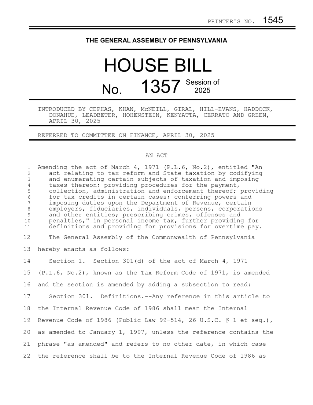 Pennsylvania House Bill 1357 modifies tax definition and provisions for overtime pay