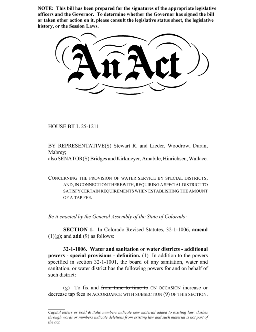 Colorado General Assembly enacts House Bill 25-1211 on special district water tap fees