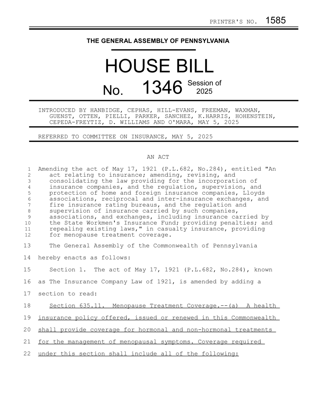 Pennsylvania House Bill 1346 mandates menopause treatment coverage in health insurance
