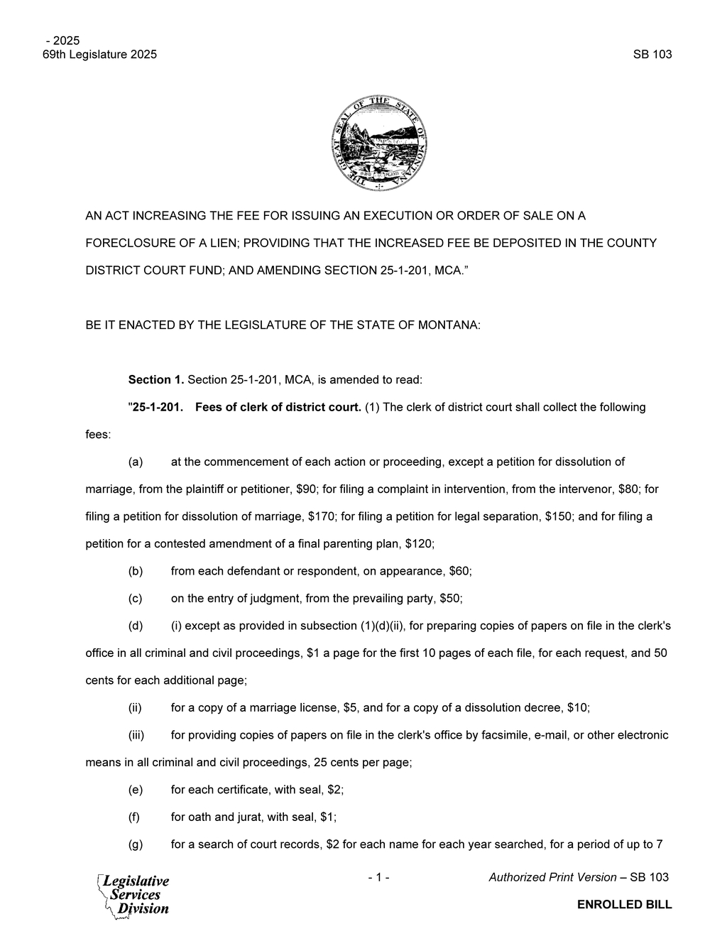 Montana Legislature passes SB 103 raising foreclosure execution fee to $25