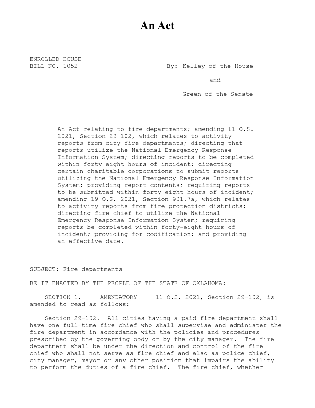 Oklahoma legislators pass House Bill 1052 mandating fire department activity reports