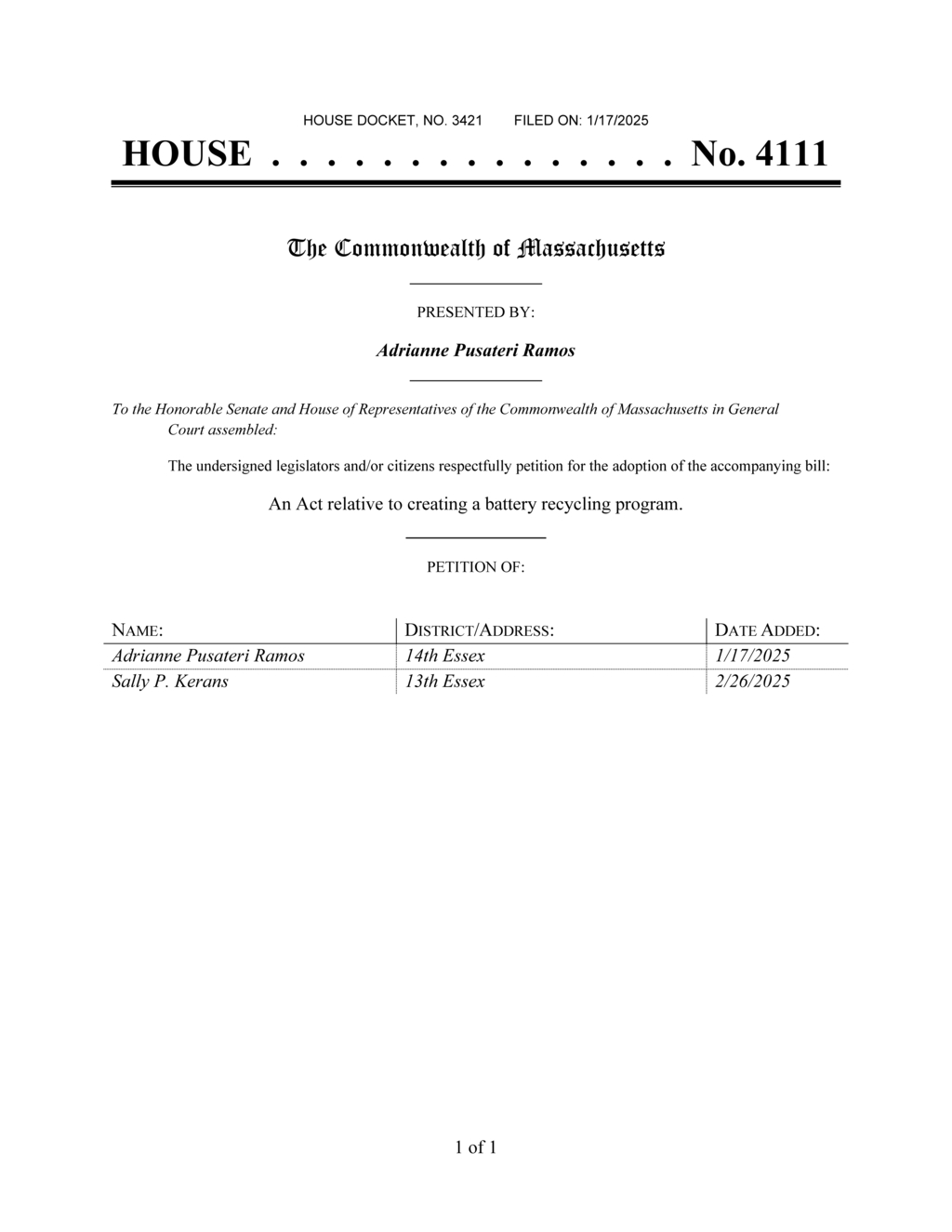 Representative Ramos proposes battery recycling program in Massachusetts