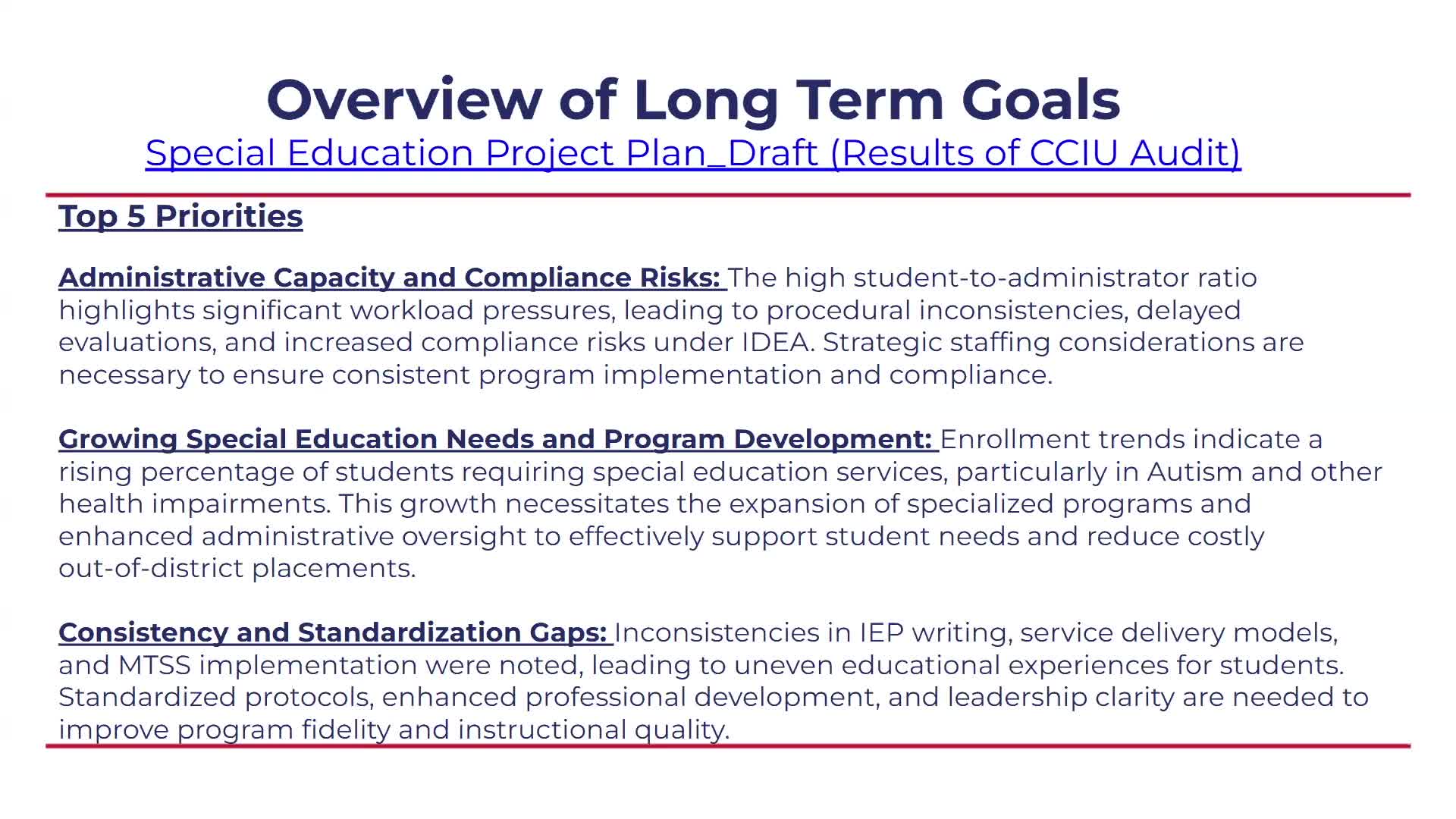 District identifies top five priorities from CCIU special education audit