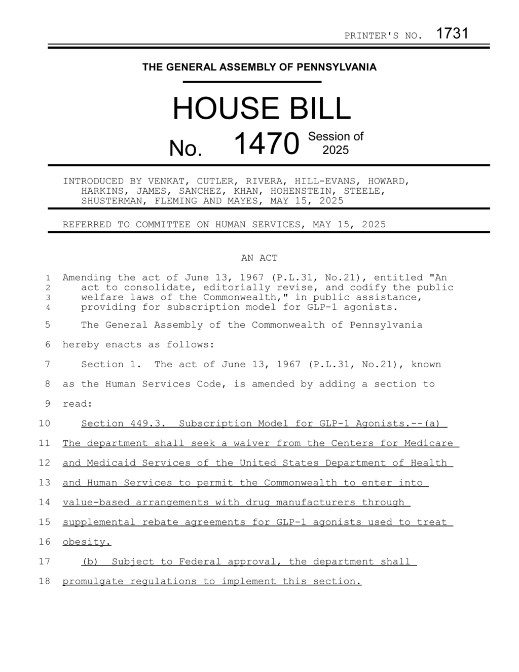 Pennsylvania Assembly introduces bill for GLP-1 agonists subscription model