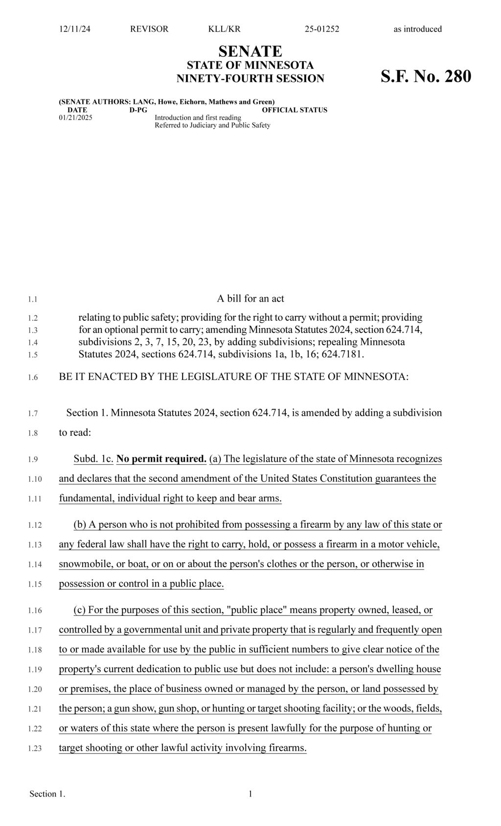 Minnesota Legislature enacts bill allowing permitless carry of firearms