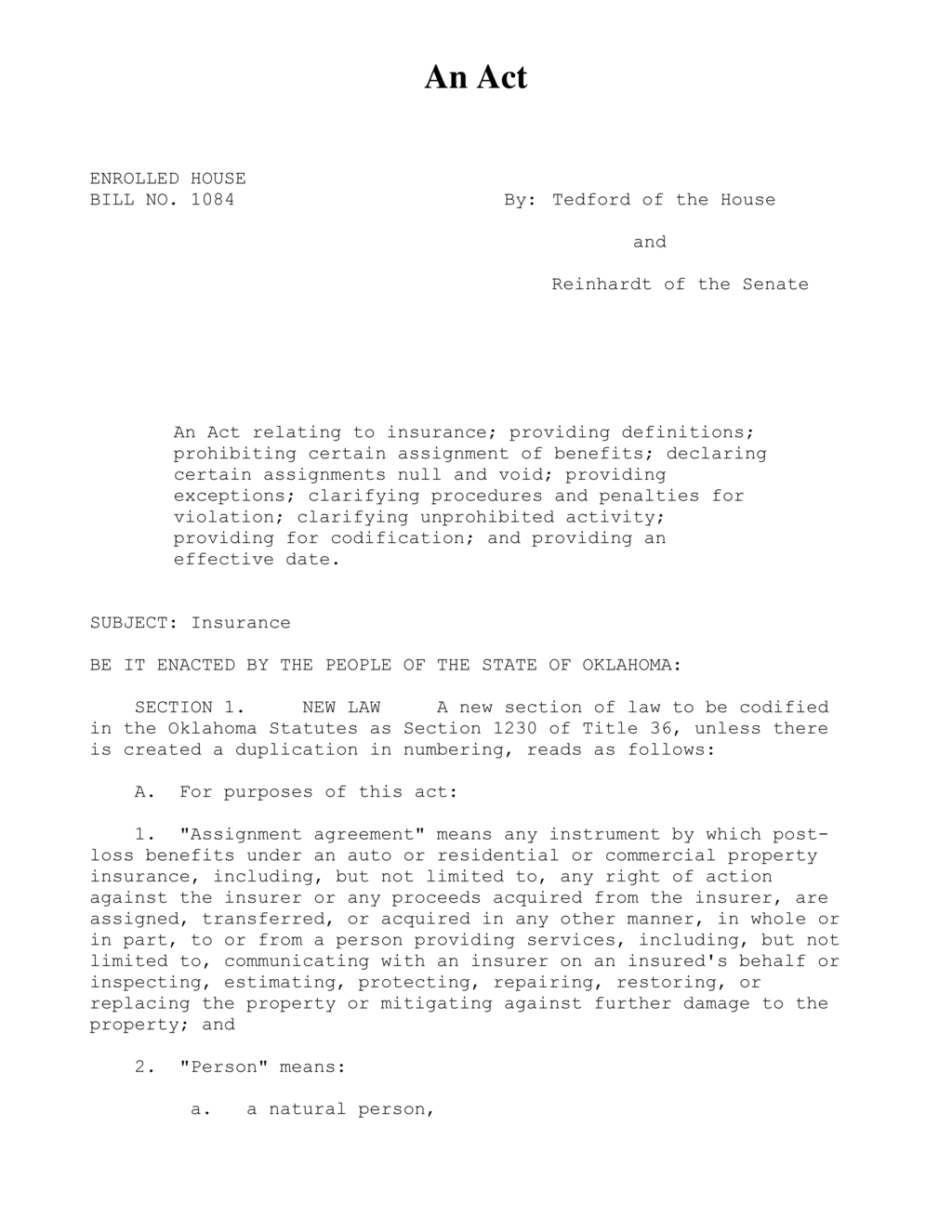 Oklahoma legislature passes House Bill 1084 to restrict insurance benefit assignments