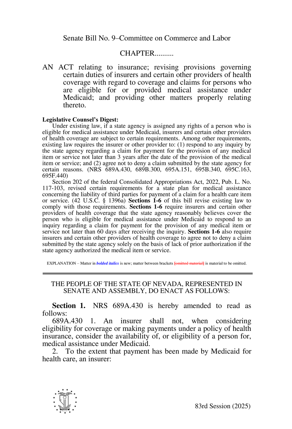 Nevada Amends Health Coverage Regulations for Medicaid Eligibility and Claims Processing