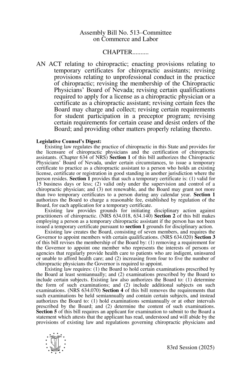 Nevada Chiropractic Board amends licensing and examination requirements for applicants