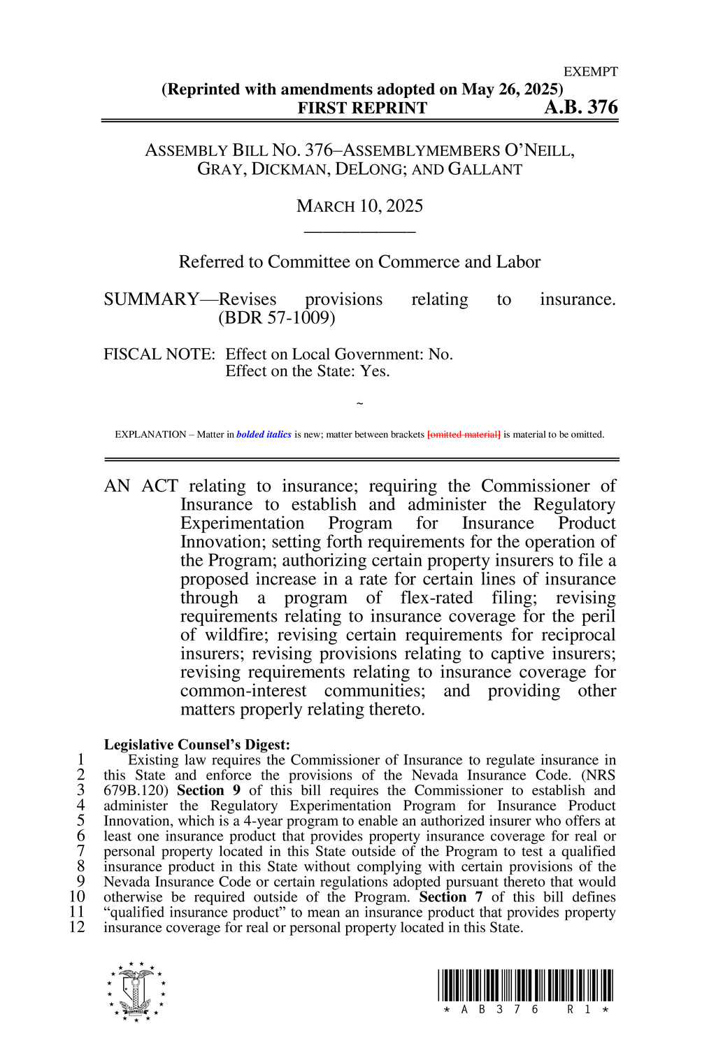 Nevada bill allows captive insurers to provide homeowners insurance coverage