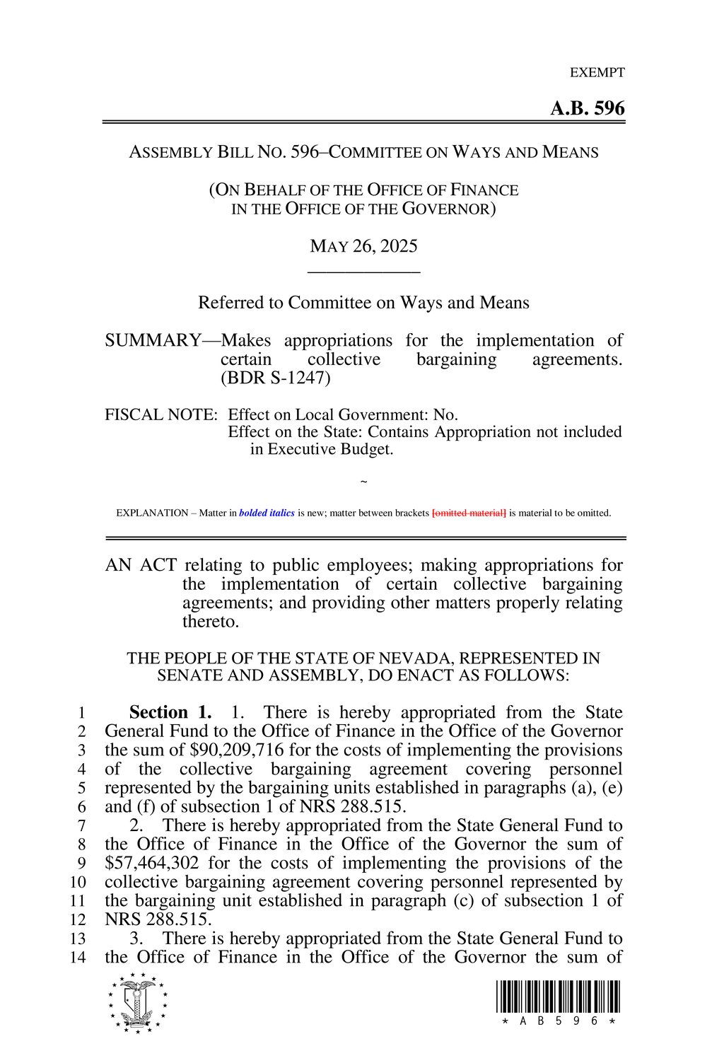 Nevada Assembly passes AB 596 to fund collective bargaining agreements