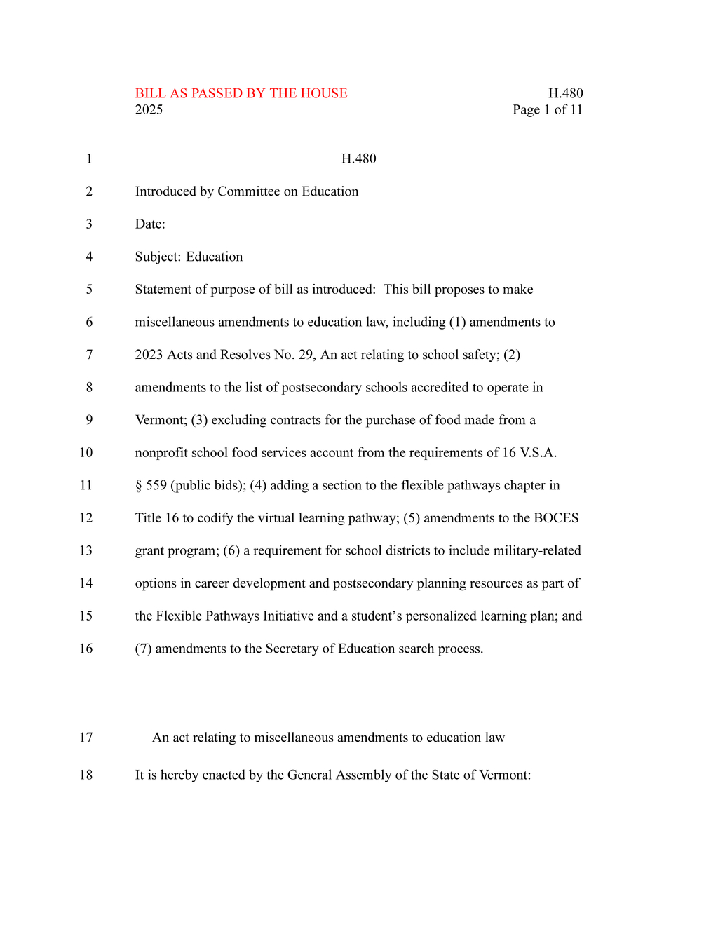 Vermont House passes H.480 education bill with key amendments